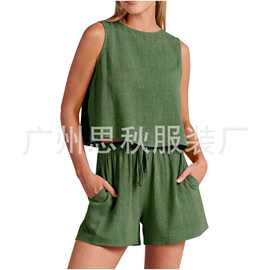 2023亚马逊时尚春夏欧美新款女装棉麻休闲无袖纯色宽松高腰短裤两