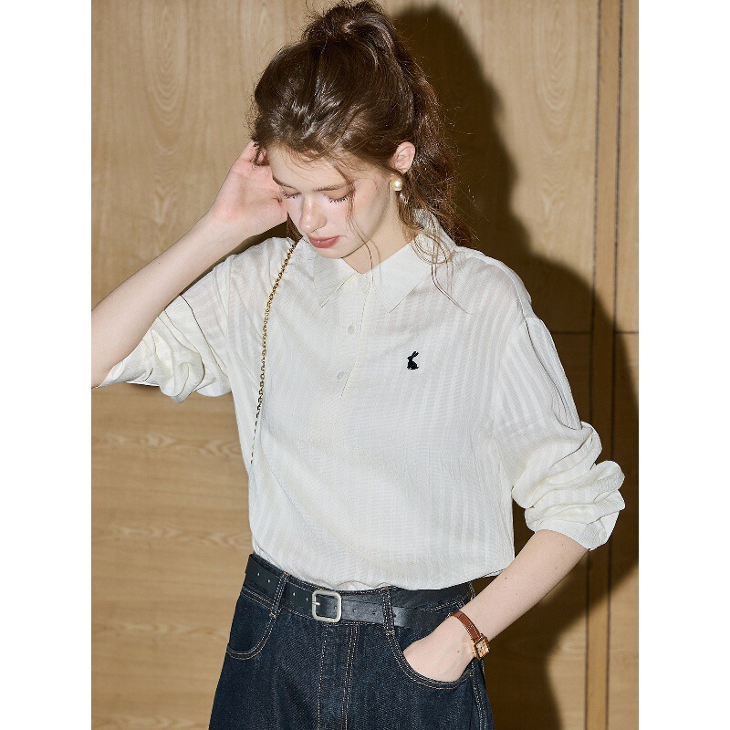 High-end Elite Embroidered Striped Shirt for Women, 2026 Early Autumn New Commuting Versatile Long-sleeve Blouse