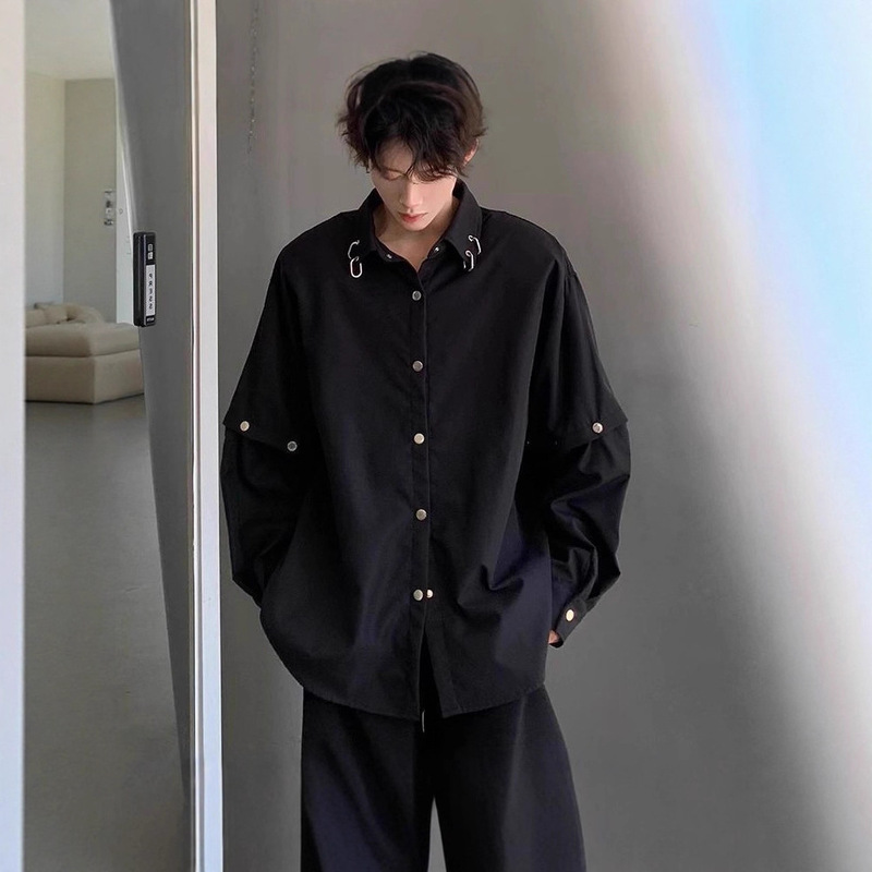 Designed Shoulder Pad Shirt for Men, Trendy Brand, Handsome Street Style, Detachable Long-Sleeved Shirt, Silhouette, High-End Hairstylist Men's Clothing