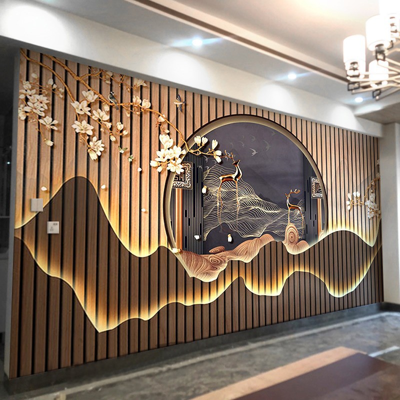 新中式墙纸轻奢前台山水画墙布酒店茶室卧室沙发直播间定制壁画