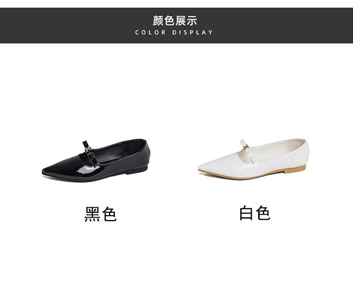 Giày búp bê nữ mũi nhọn khóa vàng nơ nhỏ, đế bằng gót thấp 1–3 cm — Trắng, màu đen chi tiết 4