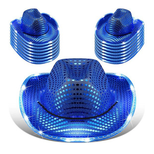 Carnival Party Blue Lighted Sequin Cowboy Hat Eva Composite Styling Hat Blue Sequin Lighted Cowboy Hat
