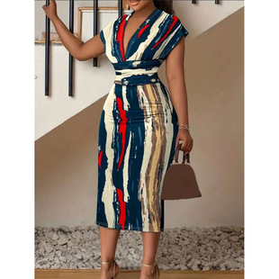 I 30310 V-neck printed bodycon dress V �Iӡ�������B��ȹ