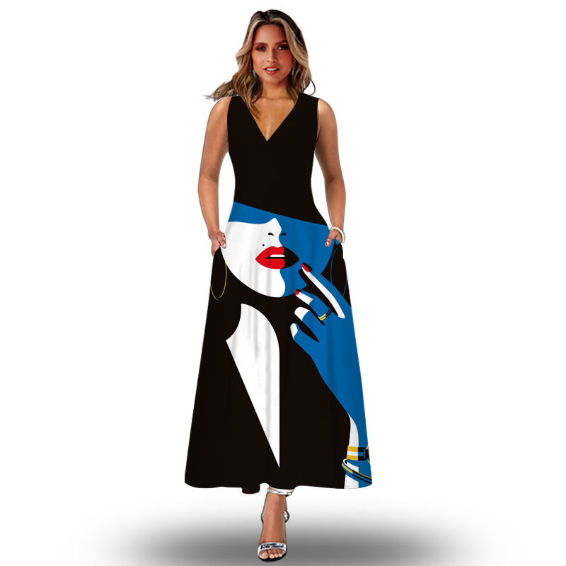 2022 Cross-border European and American New Arrival Sleeve Long Dress Women's Casual Printed Large Swing Dress Bohemian Beach Long Dress