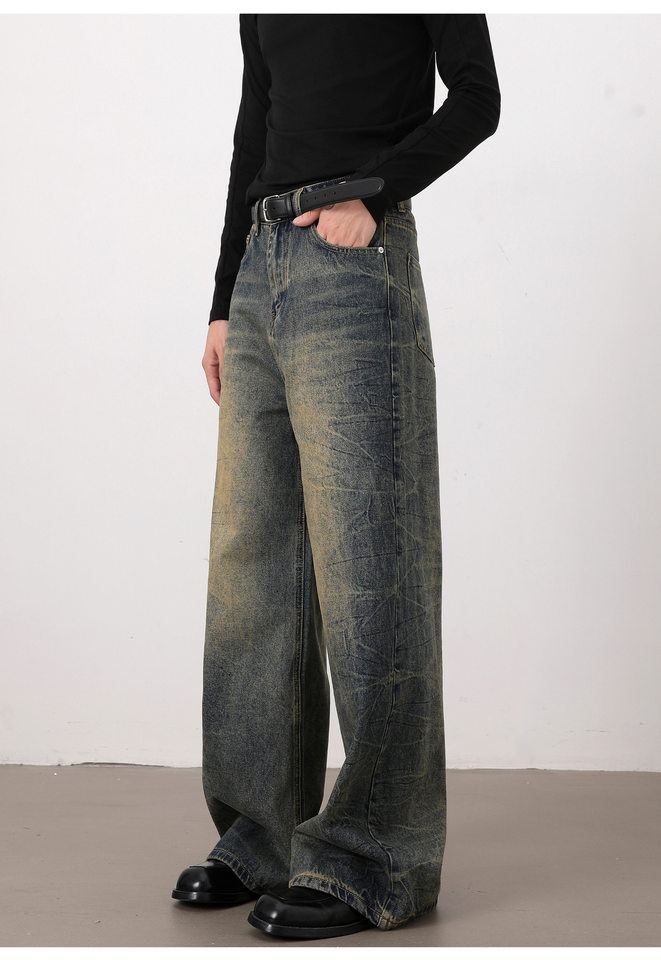 Quần jeans nam dáng rộng ống suông phong cách retro Mỹ, râu mèo xanh, giặt mài làm cũ — Xanh cổ điển chi tiết 11