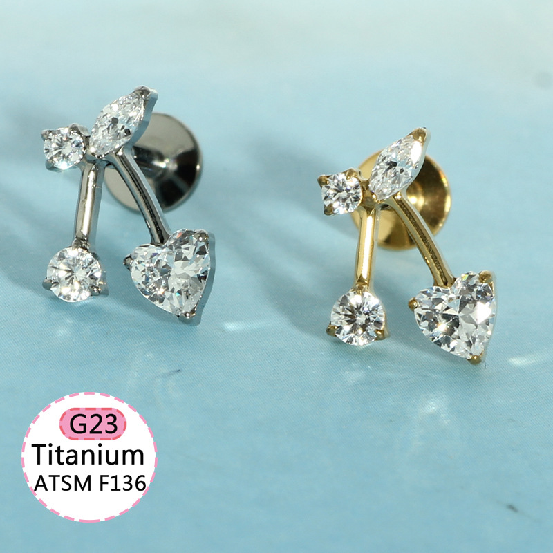 F136 Titanium Heart-Shaped Internally Threaded Lip Stud with CZ - Silver 1.2x10mm Body Piercing Lip Labret Jewelry detail image 12