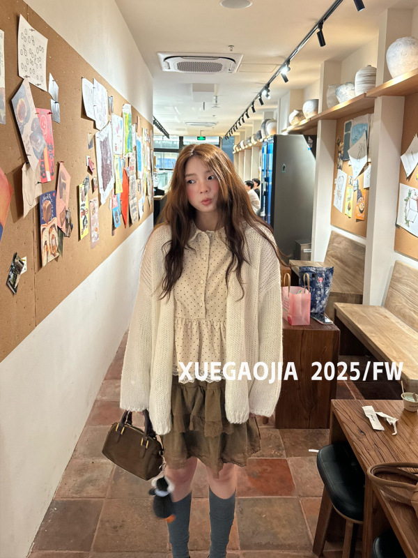 Creambaby Studio 慵懒韩系气质白色针织毛衣开衫外套女新款|undefined