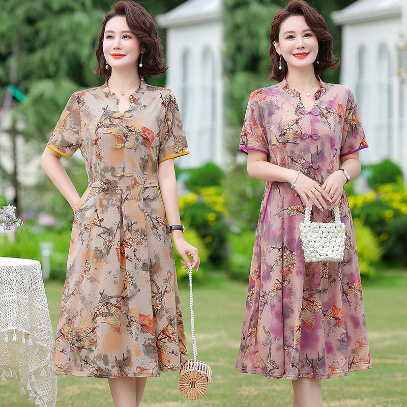 中年妈妈装夏装短袖连衣裙气质洋气新款中老年女装中长款碎花裙子