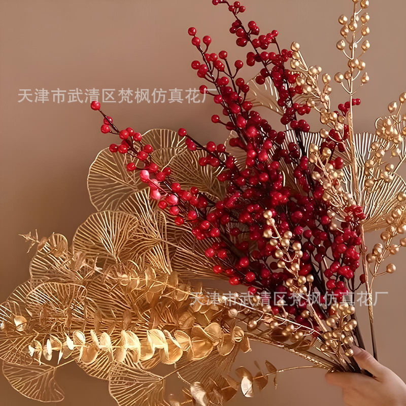 金系新年夜花シミュレーション花福桶置物赤果泡発財果尤加利金葉装飾|undefined
