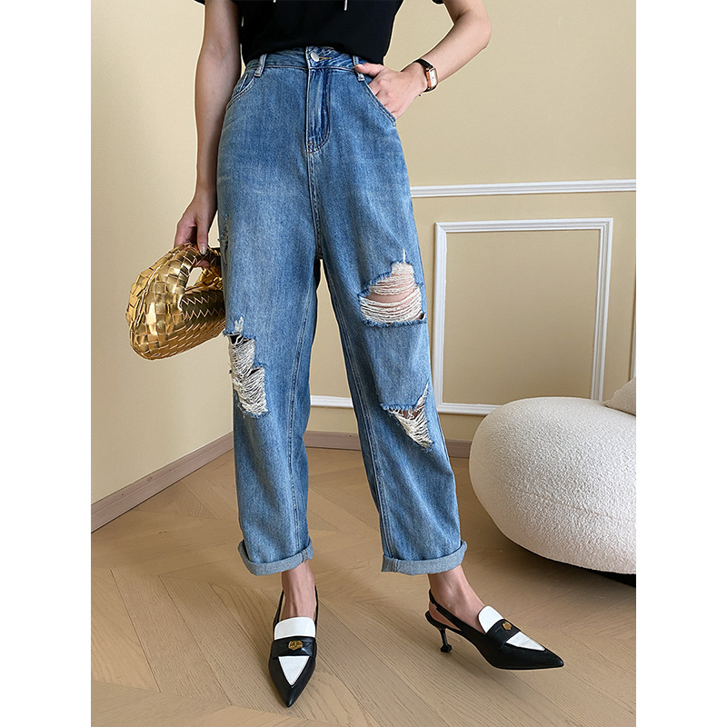 司南时髦感随性破洞高腰九分直筒阔腿显瘦牛仔裤设计感