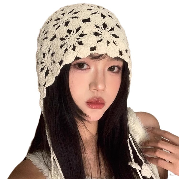 Primavera y verano sombrero de crochet hecho a mano mujer hueco flor transpirable sombrero de pila bordilla dulce lindo sombrero delgado