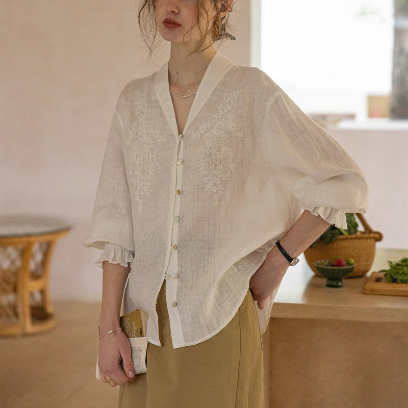 "Morning on the Seine" 100% Linen Jacquard Texture V-Neck Shirt with Rope Embroidery and Gathered Three-Quarter Sleeve Design