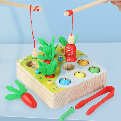 Wooden children's magnetic fun fishing, pulling radish and catching insects game early education hand-eye coordination hands-on educational toys