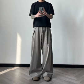男款夏季老钱风A字垂感褶皱解构休闲百搭直筒阔腿弯刀裤子流行ins