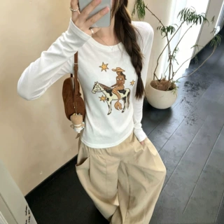 美辣妹趣味卡通印花圆领套头长袖t恤女装秋季设计感修身显瘦上衣