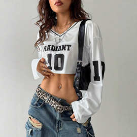 复古Y2K美式辣妹风网眼短款露脐上衣定制字母印花V领长袖运动球衣