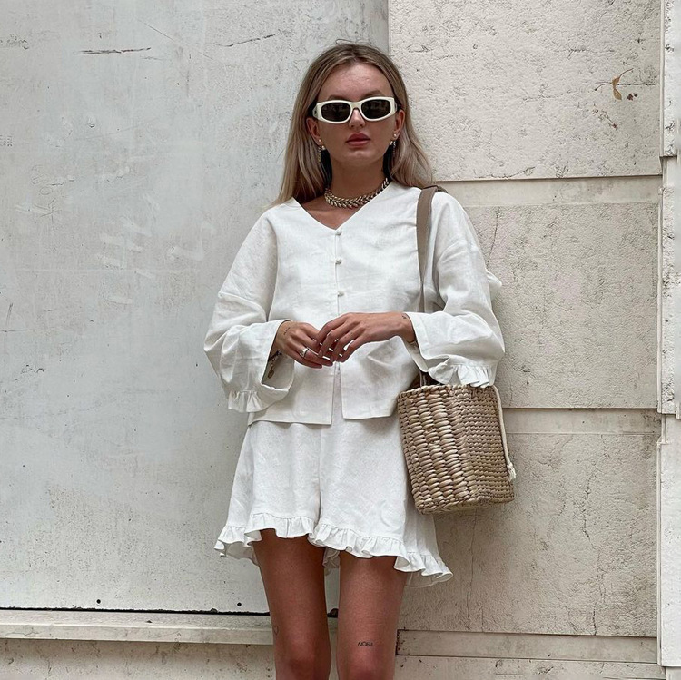 2026 Foreign Trade Women's Clothing Summer New Style Set Beige Long-Sleeved Loose Casual Shirt High-Waisted Shorts Two-Piece Set