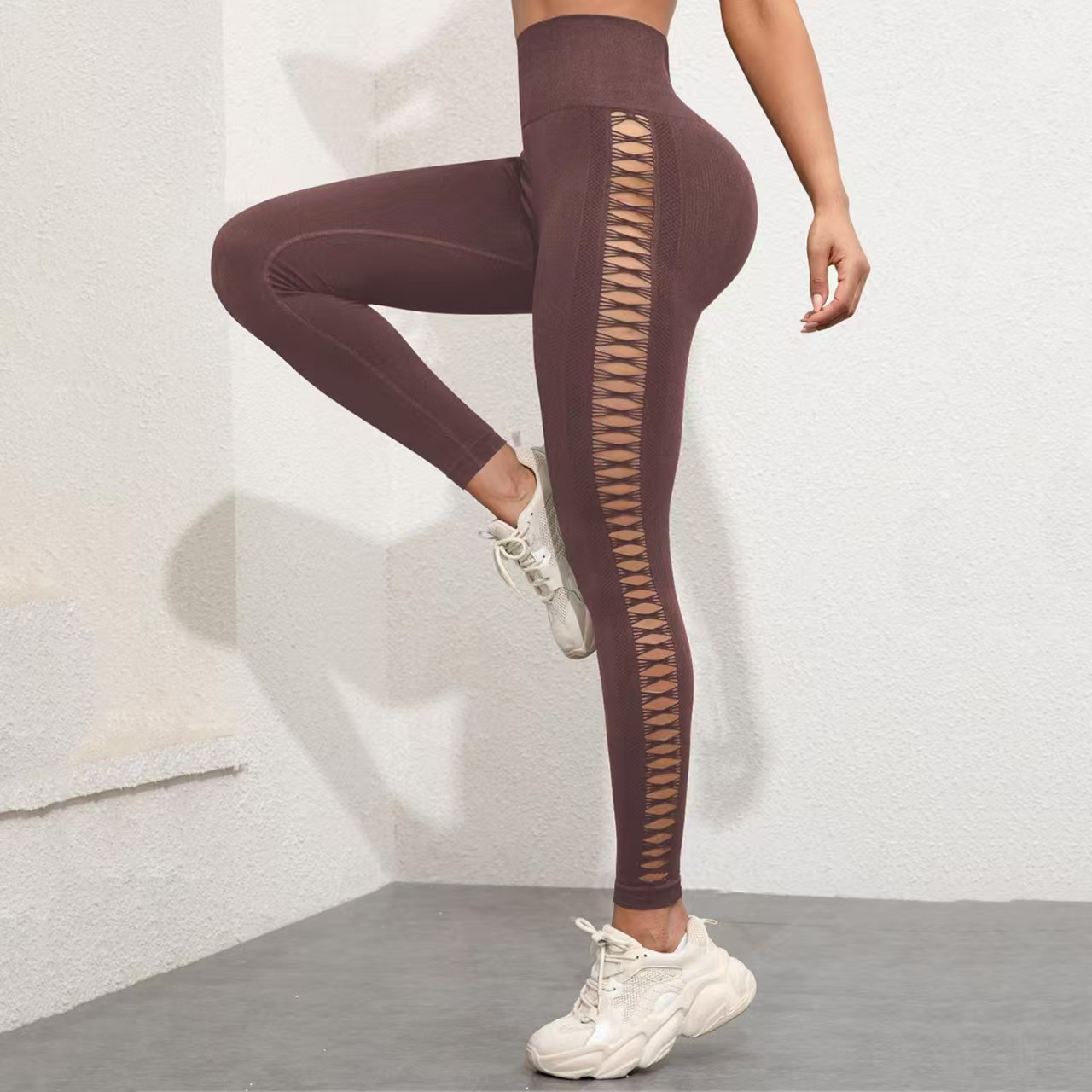 Transfronterizo de cintura alta hueco atado teñido de camisa de mel桃 hips fitness deportivo pantalones ajustados malla sexy ropa de yoga para mujeres