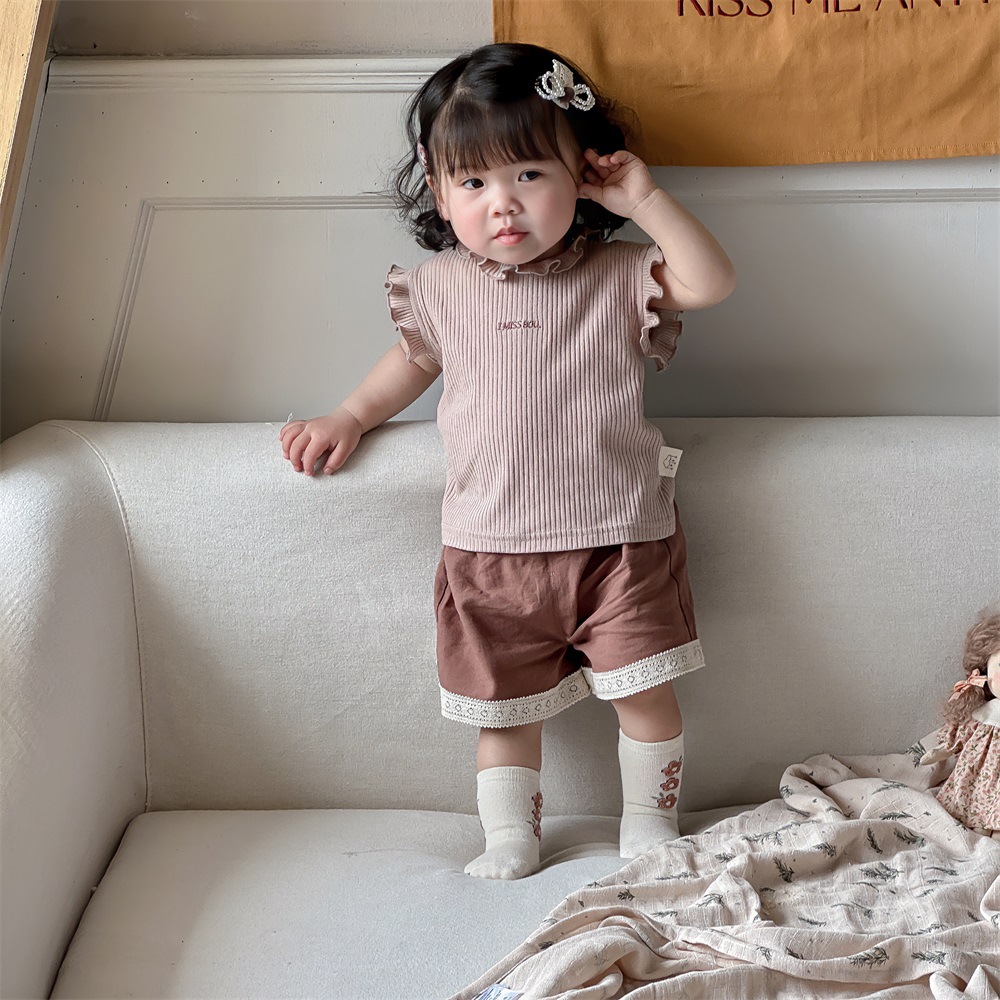 Verano estilo princesa dulce color sólido ropa de salida de bebé sin mangas top traje de pantalones cortos de encaje