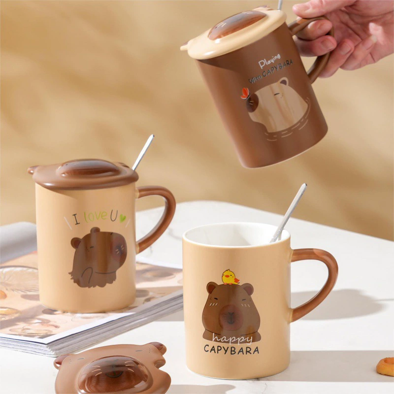 Керамическая кружка с крышкой Cute Capybara Mark, 400 мл, для офиса и дома