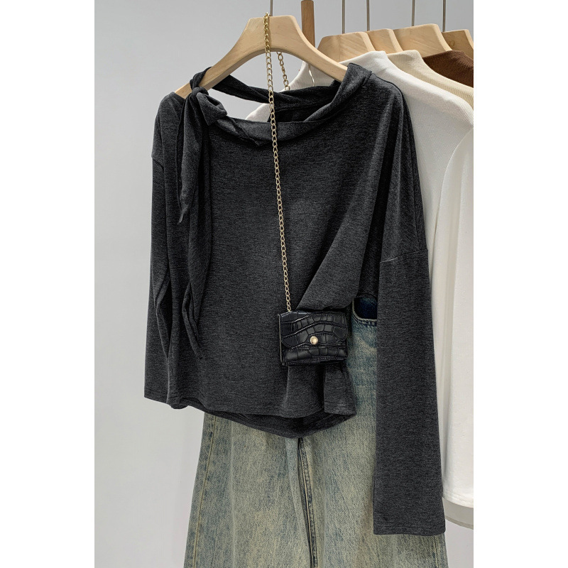 Korean Style Slimming Korean Style Chic Bow Tie Off-Shoulder Bottoming Shirt Autumn and Winter 2025 New Style Can Be Worn Outside T-Shirt