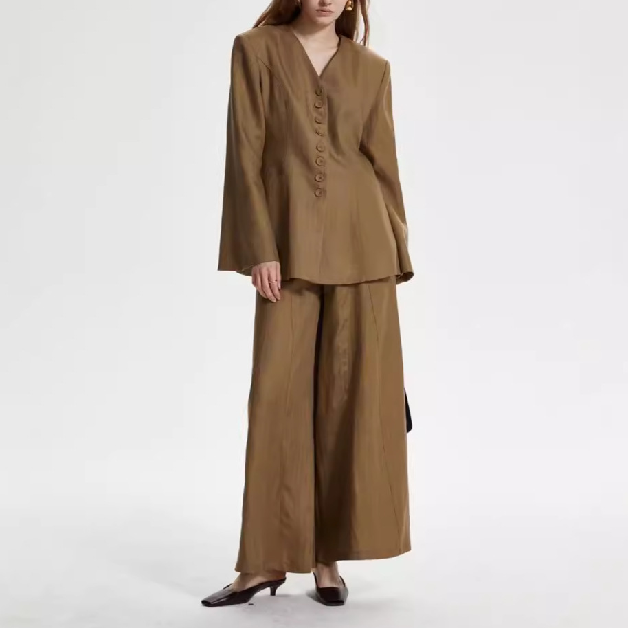 Women's Clothing Temperament commuting design suit for women autumn new style V neck single breasted jacket with straight trousers two piece suit_voghion.com