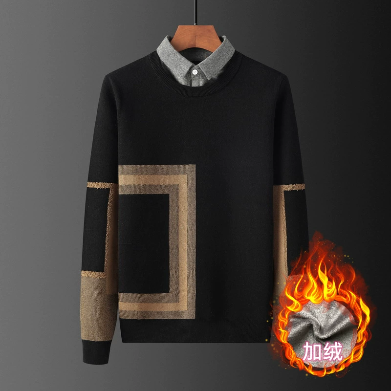 Осенне-зимний утолщенный хлопковый свитер с воротником-стойкой из искусственного меха для мужчин, облегающий трикотажный трикотаж с защитой от катышков, оптом для молодых мужчин.