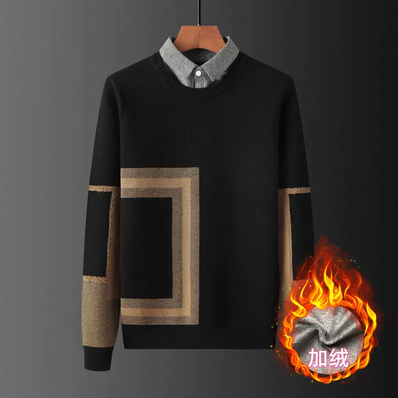 秋冬加绒加厚假两件衬衫领棉质毛衣男 青年修身抗起球针织衫批发