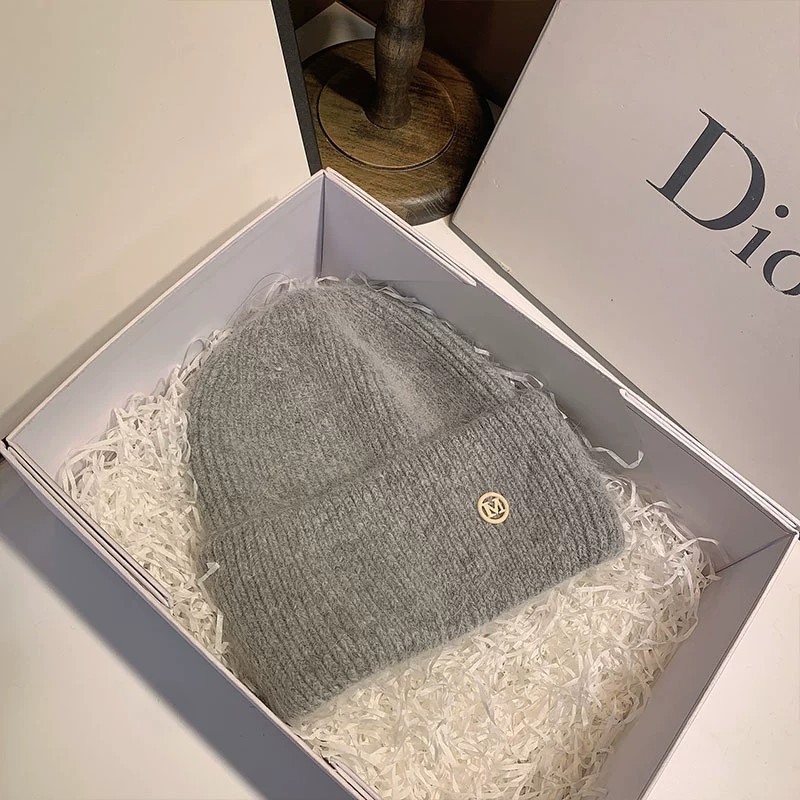 Winter, Autumn&Winter Season Thick Knitted Hat With Rabbit Fur Winter Warmth Ear Protection Wool Lining Large Head Size Wool Hat Basic