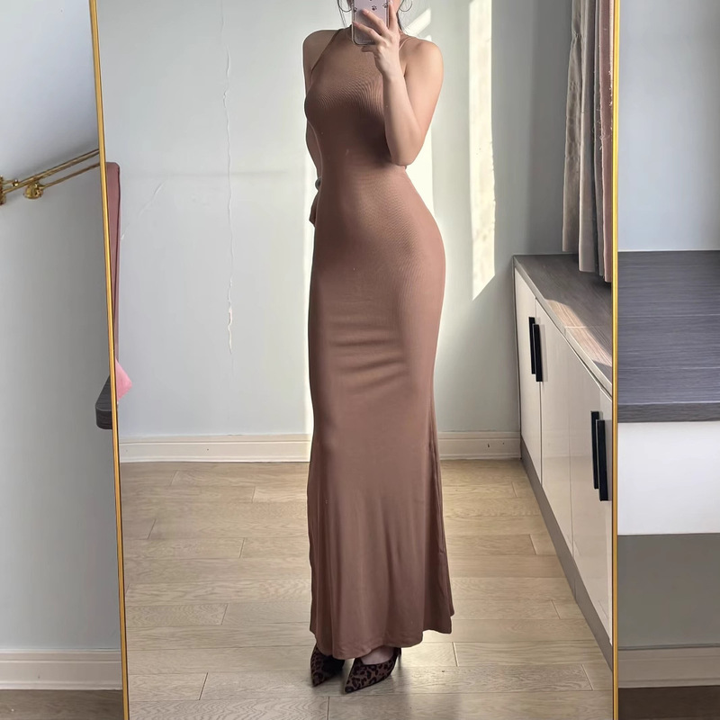 European and American Style Summer Sexy Hot Girl Style Half Turtleneck Sleeveless Vest Dress Threaded Cotton Elastic Maxi Skirt