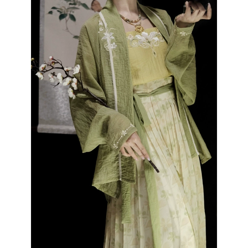 Женская плиссированная юбка с рукавами-самолетами Song Dynasty Hanfu и подтяжками, улучшенная для повседневного весеннего и летнего сезона.