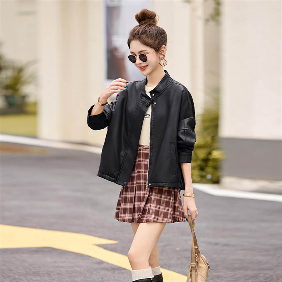Áo khoác da nữ dáng ngắn cổ lật phong cách công sở — Trang chủ, đen