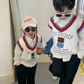 童装儿童韩国2025春秋毛衣男女童v领小熊绣花学院风针织背心马甲
