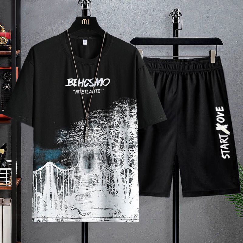 Camiseta de manga corta 2025 verano nueva versión coreana de la tendencia de la moda delgada degradada salpicaduras de tinta fina ropa superior para hombres