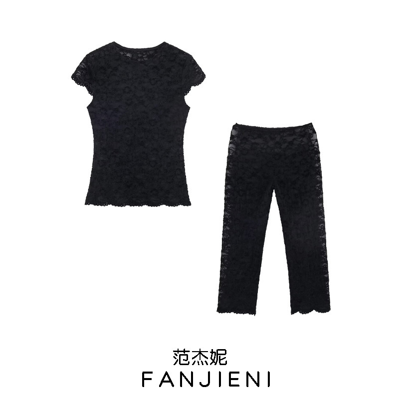 Zr Foreign Trade Wholesale European and American Style Women's Clothing Short Lace T-Shirt Capri Leggings 1165153 1165154