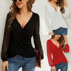 歐美跨境2025春季新款純色法式拼接蕾絲燈籠袖寬鬆交叉T恤女上衣