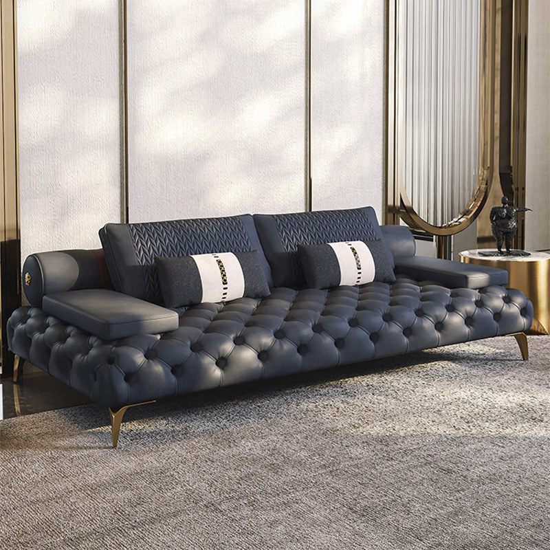 意式轻奢真皮沙发组合 美式别墅客厅设计师直排拉扣四人位