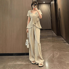200斤の大きいサイズの婦人服の黒いスーツの半袖のズボンの2セットの女性の小さい太ったmmの大きい夏は1セットを着ます。