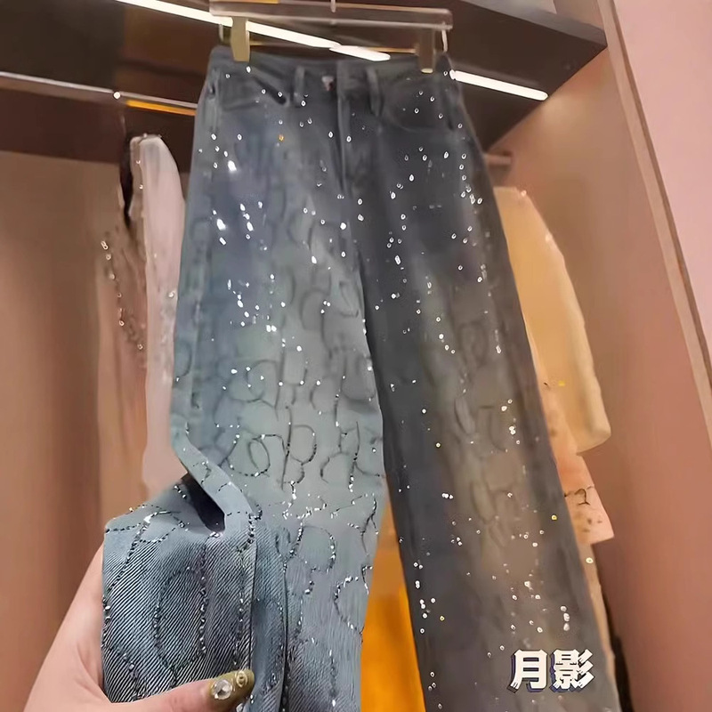 Spring 2025 New Heavy-Duty High-End Versatile High-Waisted Slimming Straight-Leg Pants Blue Two-Tone Rhinestone Jeans