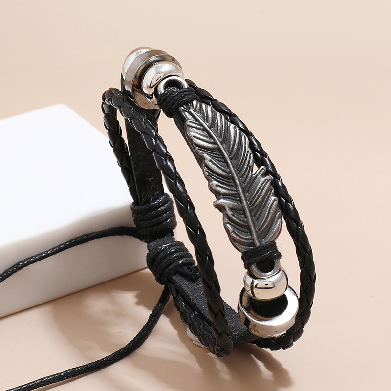 wholesale jewelry feather shape beaded leather bracelet nihaojewelry