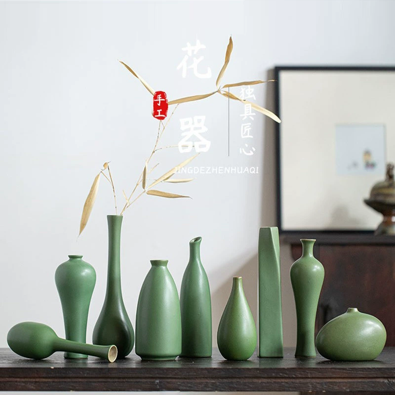 Jingdezhen производитель оптовая продажа керамическая маленькая ваза стиль дзэн китайский дом декор простая компоновка сухих цветов зеленый