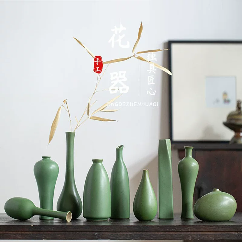 Jingdezhen производитель оптовая продажа керамическая маленькая ваза стиль дзэн китайский дом декор простая компоновка сухих цветов зеленый