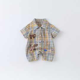 儿童夏季薄款格子衬衫连身衣男宝宝简约短袖爬爬服婴幼儿卡通哈衣