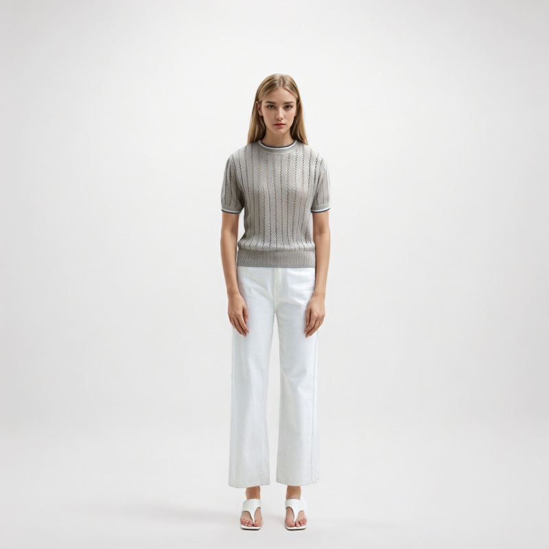 Bc Nanyou Classy Wholesale Elegant Lady Spring and Summer Apricot Round Neck Short-Sleeved Cut Out Linen Sequin Pullover Knitwear Bc Nanyou Classy Wholesale Elegant Lady Spring and Summer Apricot Round Neck Short-Sleeved Cut Out Linen Sequin Pullover Knitwear