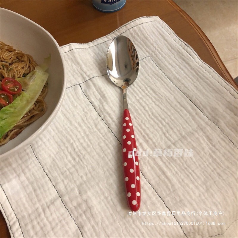 Korean-Style Red Polka Dot Breakfast Spoon, Cute Dessert Ice Cream Spoon, Main Meal Spoon, French-Style Tableware, Portable Tableware