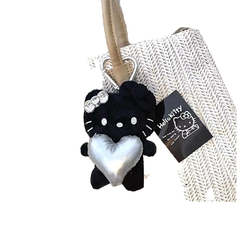 黑银配色爱心黑皮kitty挂件书包爱心少女毛绒钥匙扣可爱ins挂饰|undefined