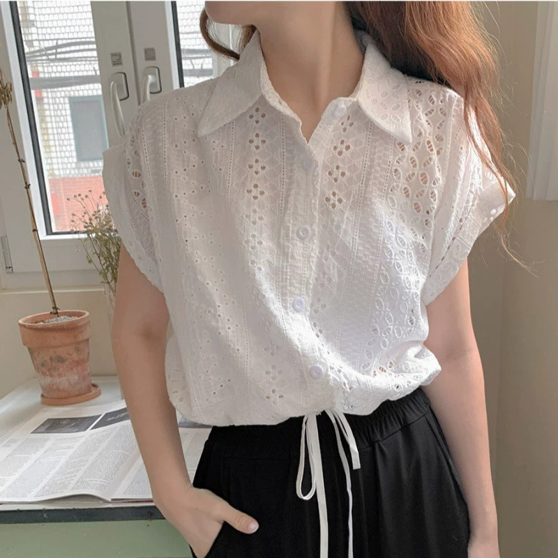 YS8 Корейский стиль, простой однобортный топ с короткими рукавами и лацканами, повседневный универсальный короткий топ из чистого хлопка с вышивкой, утягивающий силуэт