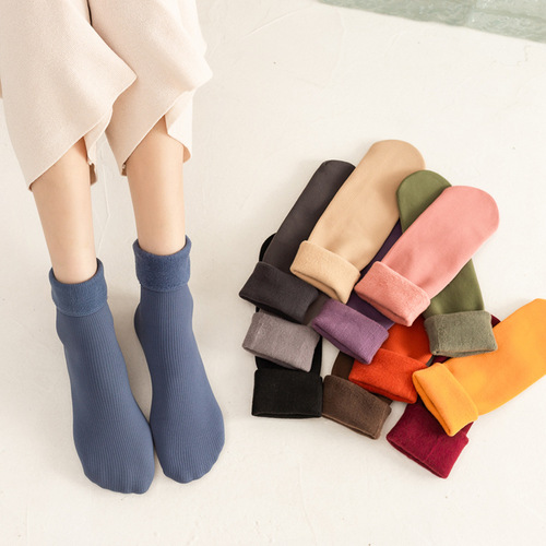 Socks for women in autumn and winter, vertical striped imitation cashmere snow socks, plus velvet, thickening, warm sleeping mid-calf socks, versatile floor socks