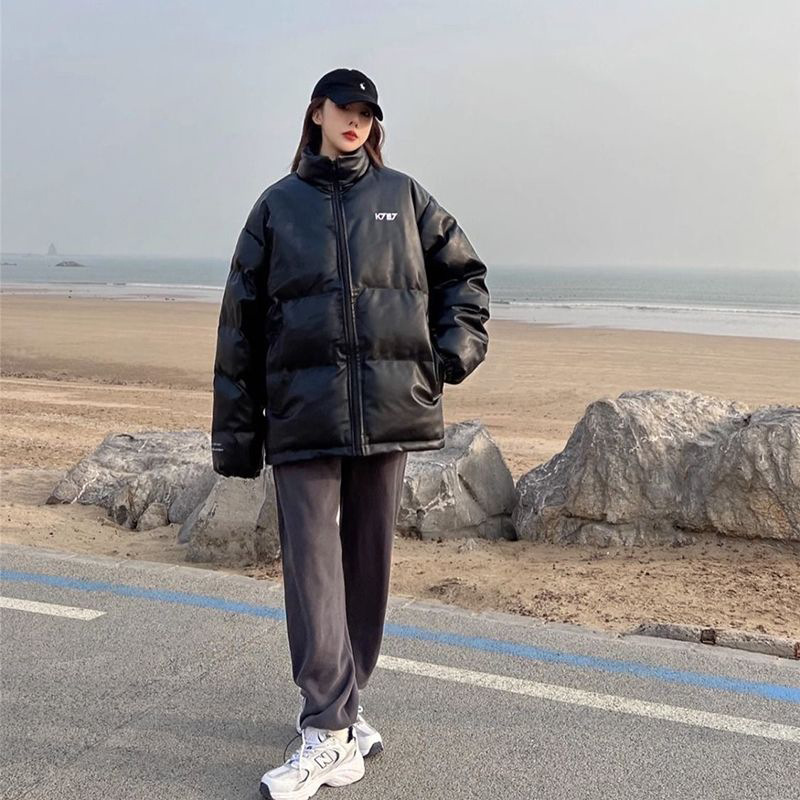 设计感美式复古PU皮刺绣情侣棉袄2024秋冬季立领加厚外套休闲上衣