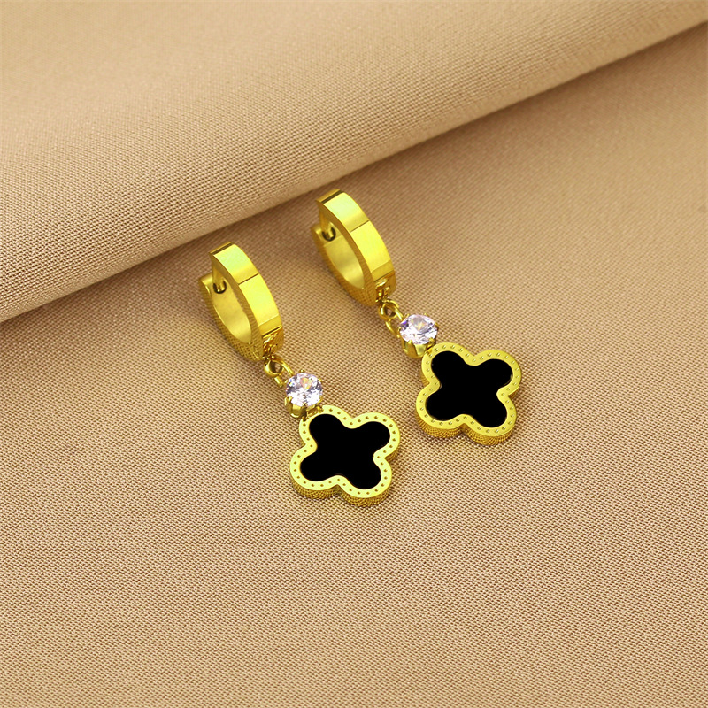 Fashion Four Leaf Clover Titanium Steel Plating Inlay Artificial Gemstones Drop Earrings 1 Pair